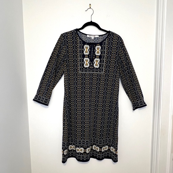 Max Studio Printed Midi Shift Dress Navy Bohemian Paisley 3/4 Length Sleeve - Picture 2 of 11